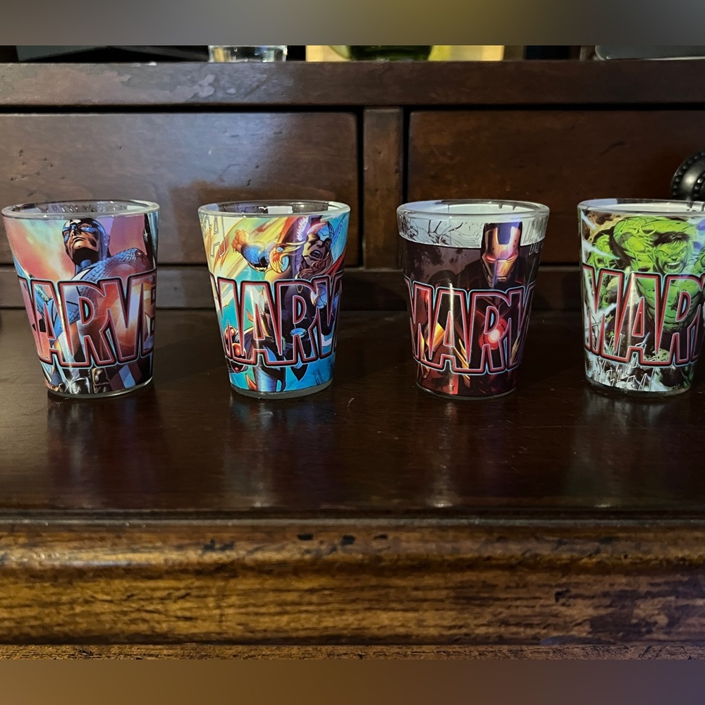 Set of four Marvel shot glasses